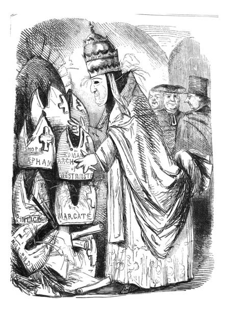 British satire comic cartoon caricatures illustrations - Man wearing Guy Fawkes mast stacking up religious hats with labels From Punch's Almanack punch puppet stock illustrations