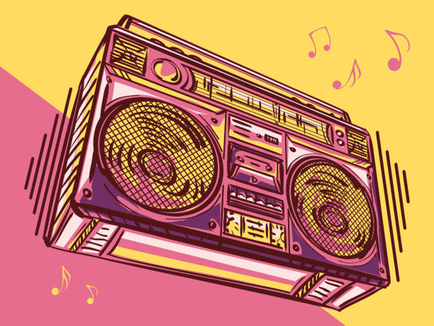 Music design - funky colorful drawn boom box decorative vector artwork boom box stock illustrations