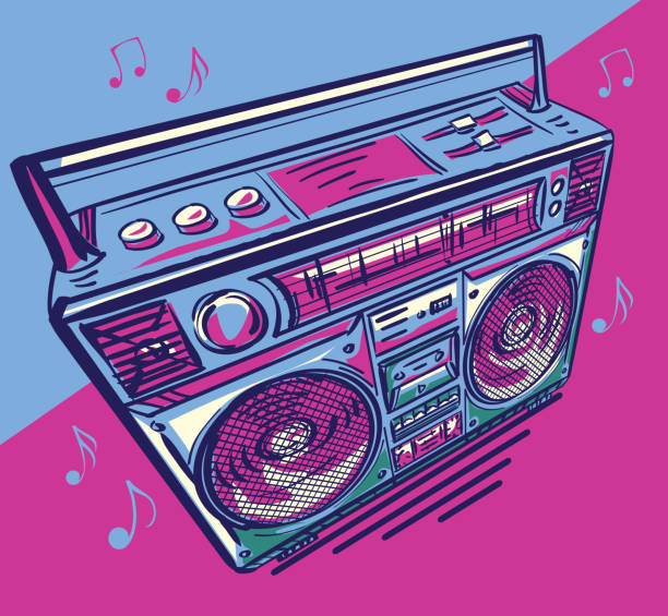 illustrazioni stock, clip art, cartoni animati e icone di tendenza di design musicale - funky colorato disegnato boom box - 1980s style funky 1990s style boom box