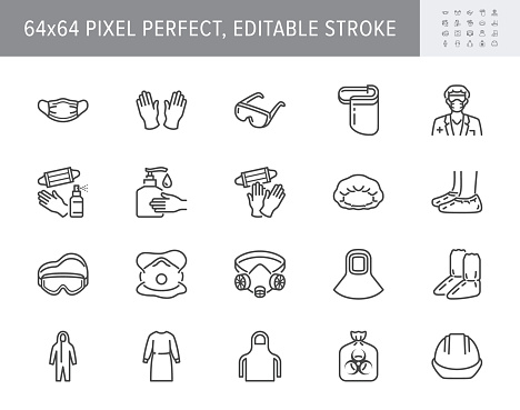 Medical PPE line icons. Vector illustration included icon as face mask, gloves, doctor gown, hair cover, biohazard waste, outline pictogram of protective equipment. 64x64 Pixel Perfect Editable Stroke