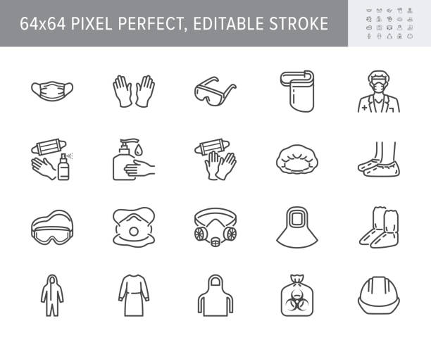 Medical PPE line icons. Vector illustration included icon as face mask, gloves, doctor gown, hair cover, biohazard waste, outline pictogram of protective equipment 64x64 Pixel Perfect Editable Stroke Medical PPE line icons. Vector illustration included icon as face mask, gloves, doctor gown, hair cover, biohazard waste, outline pictogram of protective equipment. 64x64 Pixel Perfect Editable Stroke protective workwear stock illustrations