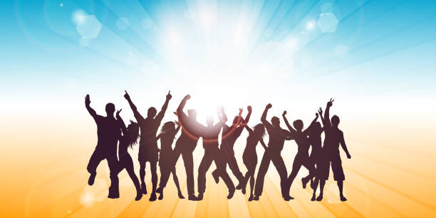 Summer themed banner with party people dancing Summer themed banner with silhouettes of party people dancing disco themed party stock illustrations