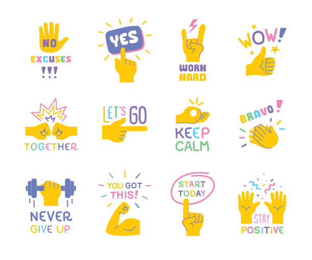 Inspirational quotes with hand gestures Set of positive, motivational sayings with hand emoji on white background.
Editable vectors on layers. thumbs up stock illustrations