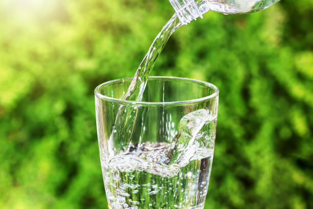 istock Pouring drinking water from bottle into glass on blurred green nature background 1248225120