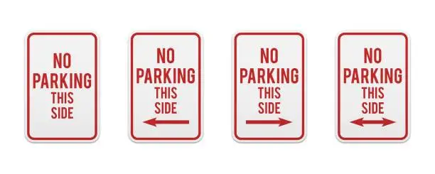 Vector illustration of No parking any time. Set of classic road and street signs. Vector elements for production, graphic design, posters or information materials. Collection of parking and traffic safety signs.