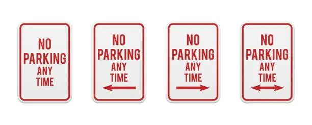 Vector illustration of No parking any time. Set of classic road and street signs. Vector elements for production, graphic design, posters or information materials. Collection of parking and traffic safety signs.