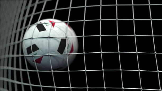 istock Ball with flags of Iraq hits goal. 3D rendering 1248226648