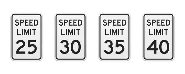 Vector illustration of Speed limit traffic signs from 5 to 20 miles per hour. Set of vector graphic elements for production, design, information materials. Classic urban design.