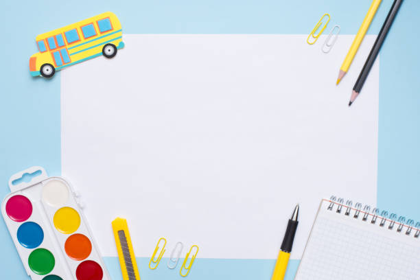 istock Back to school concept. School supplies on blue background. Flat lay with copy space. 1248228235