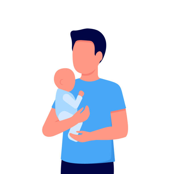 ilustraciones, imágenes clip art, dibujos animados e iconos de stock de abstracto joven padre y bebé hijo. padre tiene al niño en sus brazos. comunicación familiar. el día del padre. ilustración vectorial sobre fondo blanco - suckling