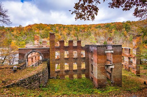 Sweetwater Creek State Park and mill ruins in Douglas County outside Atlanta, GA, USA.