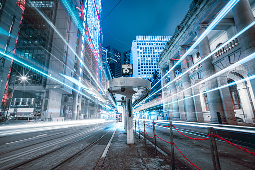 Car trails on night street at Hong Kong central