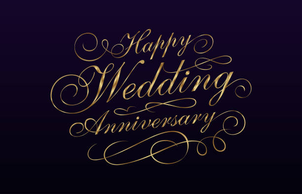 Classy gold-colored Wedding Anniversary custom calligraphy design for Greeting, Invitation, Card, etc. Vector Design. Happy Wedding Anniversary Emblem for Celebration. anniversary card stock illustrations