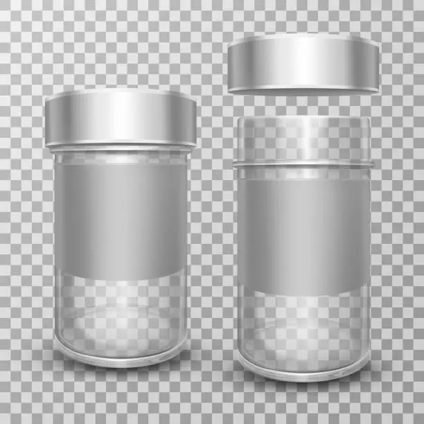 Vector illustration of Realistic empty glass jars with silver metal lids