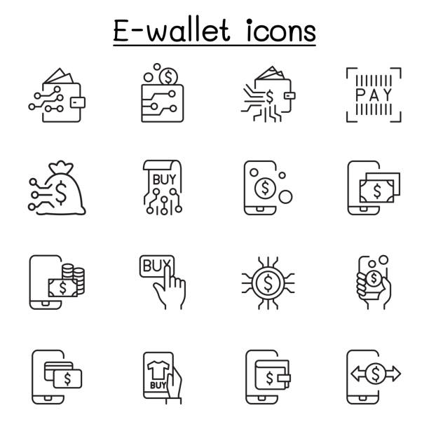 электронный кошелек, цифровые деньги, значок мобильного банкинга, установленный в стиле тонкой линии - ewallet stock illustrations