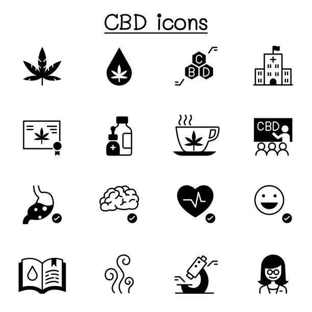 ilustraciones, imágenes clip art, dibujos animados e iconos de stock de cbd, iconos de cannabis establecen el diseño gráfico de ilustración vectorial - pharmacy medicine narcotic nutritional supplement