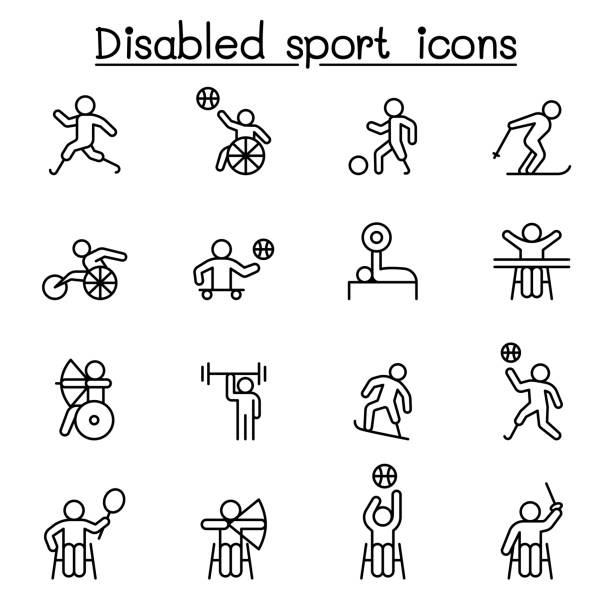 ilustraciones, imágenes clip art, dibujos animados e iconos de stock de iconos deportivos discapacitados ambientados en estilo de línea fina - wheelchair tennis physical impairment athlete