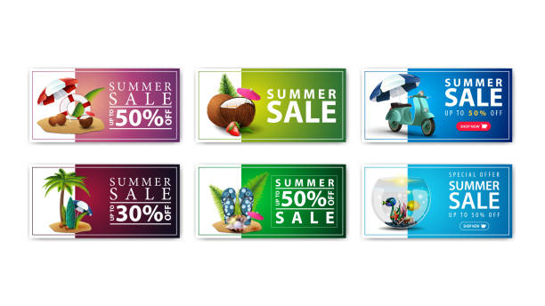 Large collection of colorful summer discount banners with summer icons isolated on white background. Pink, green and blue summer discount banners Large collection of colorful summer discount banners with summer icons isolated on white background. Pink, green and blue summer discount banners pink beach umbrella stock illustrations