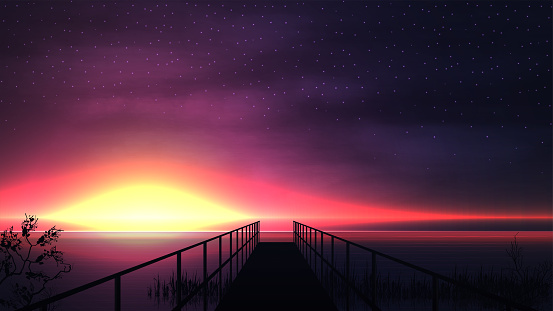 Pink sunset on the lake with a silhouette of a wooden pier and a starry sky