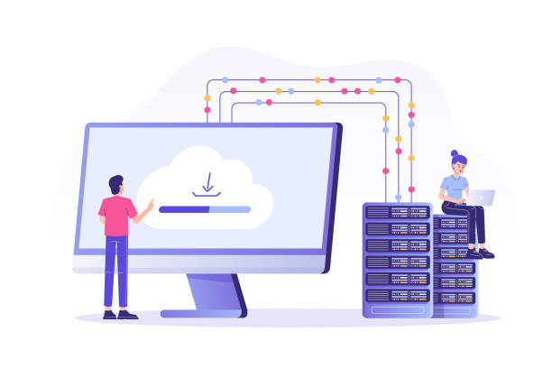 koncept webhostingu s postavami lidí. online databáze, server, webové datové centrum, cloud computing, technologie, počítač, bezpečnost. izolovaná moderní vektorová ilustrace pro web, banner, plakát, ui - moderátor stock ilustrace