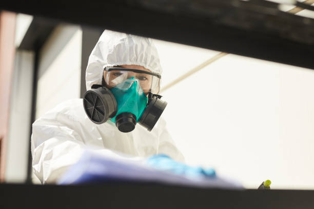 disinfezione lavoratore pulizia superfici - radiation protection suit toxic waste protective suit cleaning foto e immagini stock