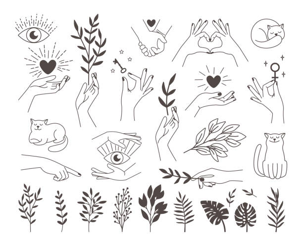 Collection icons magic hands tattoo Collection icons magic hands tattoo. Design logos female vector hands with mystical illustrations heart, key, occult eye, cat icon and set of branches on white back spirituality illustrations stock illustrations