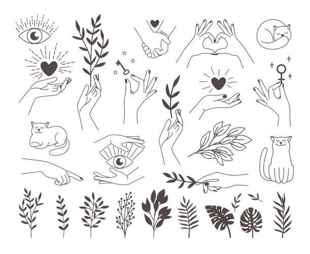 Collection icons magic hands tattoo Collection icons magic hands tattoo. Design logos female vector hands with mystical illustrations heart, key, occult eye, cat icon and set of branches on white back feminine symbol stock illustrations