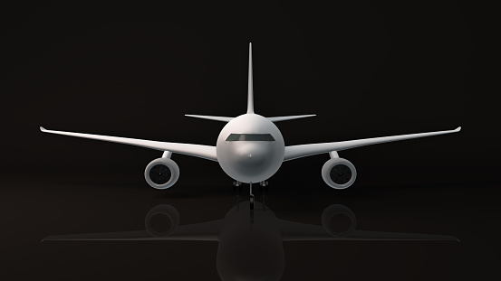 Close up of air plane front side, 3d rendering, isolated on black background.