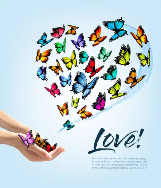 Vector illustration of Hands releasing butterflies. Vector illustration