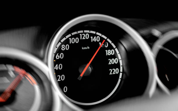 istock High speed on a car speedometer and motion blur. 1248240629