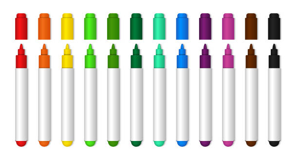 Colorful marker pen for school or kids. Realistic highlighter pencil of yellow, black, green, blue, orange color for drawing. Stationery closed markers collection isolated. vector. Colorful marker pen for school or kids. Realistic highlighter pencil of yellow, black, green, blue, orange color for drawing. Stationery closed markers collection isolated. vector permanent marker stock illustrations