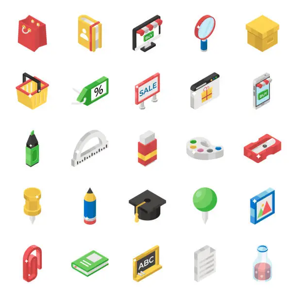 Vector illustration of Educational Accessories Isometric Vectors Pack