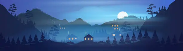 Vector illustration of Village in mountains at night with full moon