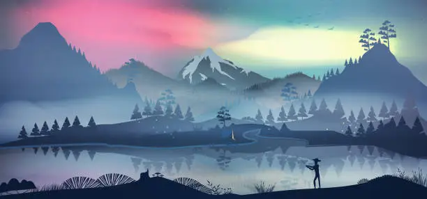 Vector illustration of Lakeside forest in the mountains at night with aurora and fog with fisherman