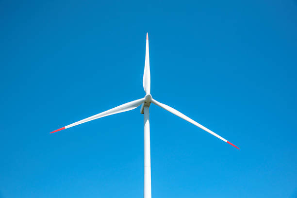 Wind farm on the background of blue sky.
