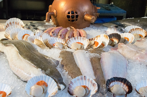 A variety of seafood at the Borough Market in London, England.