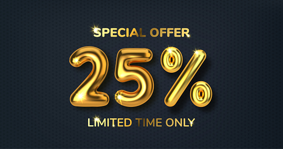 25 off discount promotion sale made of realistic 3d gold balloons. Number in the form of golden balloons. Template for products, advertizing, web banners, leaflets, certificates and postcards. Vector illustration