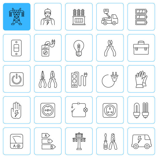 ilustrações de stock, clip art, desenhos animados e ícones de electrician and electricity services. line  icon set. editable stroke. - meter electric meter electricity fuel and power generation