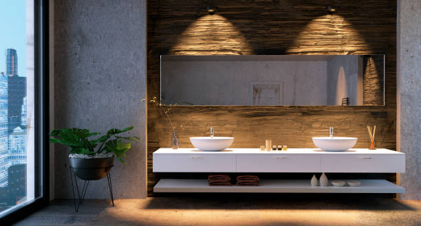istock 3D render of bathroom vanity with stone tiles. 1248250704