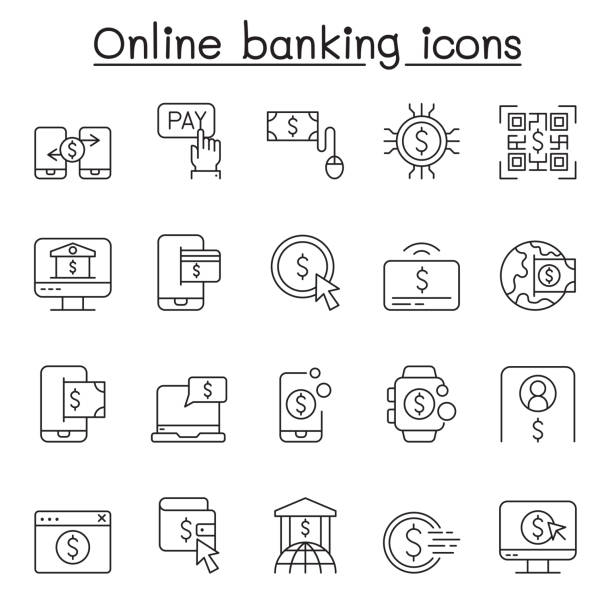 online-banking-symbole im dünnlinienstil - elektronisches banking stock-grafiken, -clipart, -cartoons und -symbole