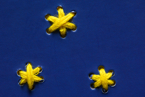 Abstract wallpaper background: Yellow wool stars on blue cardboard