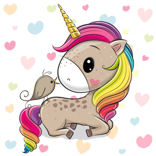 ilustrações de stock, clip art, desenhos animados e ícones de cartoon unicorn with a bird on a hearts background - 5943