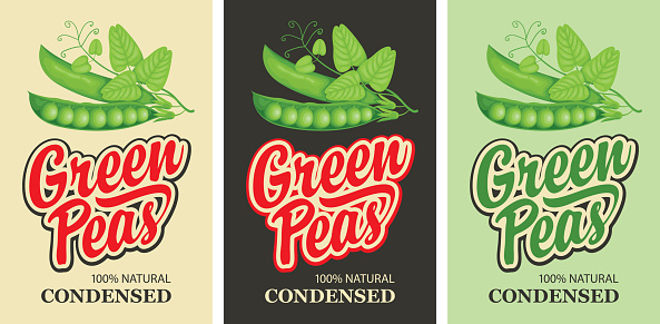 Green peas labels in retro style. Set of vector labels or banners for green peas with the image of a realistic green peas, pods, tendrils, leaves and inscription
