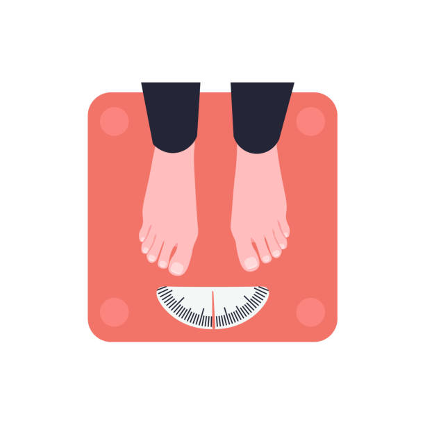 female legs on floor scales Female feet stand on floor scales. Girl is weighed. Flat vector illustration. weight scale illustrations stock illustrations