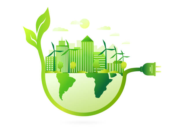 Green city concept using renewable energy Green city concept using renewable power and energy from wind farms with a cityscape over a world map in green with leaves, colored vector illustration sustainability corporate stock illustrations