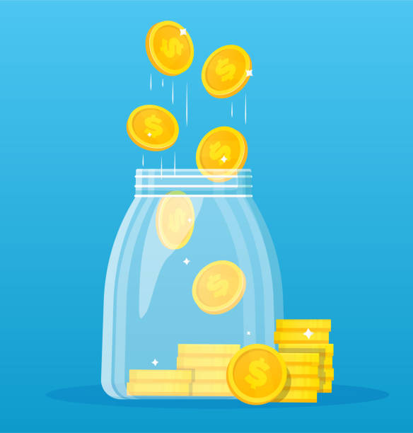 ilustraciones, imágenes clip art, dibujos animados e iconos de stock de tarro de vidrio con monedas de oro que caen sobre azul - jar coin currency glass