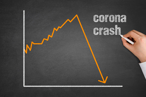 Descending graph on blackboard shows covid-19 crisis