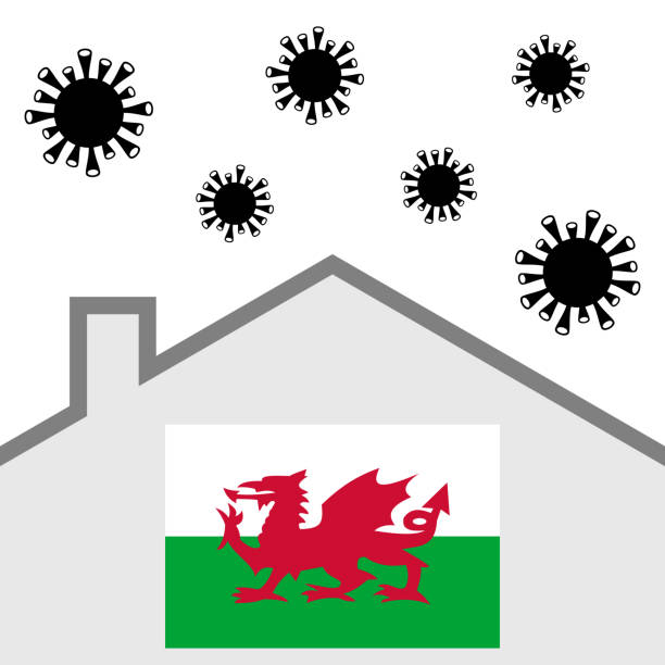 Stay at home icon with wales flag and covid-19 virus Stay at home icon with welsh flag and covid-19 virus welsh flag stock illustrations