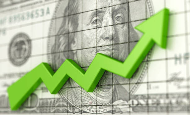 緑の矢印と米国ドルの背景を持つ成功のビジネスチャート。利益とお金。財務およびビジネスグラフ。株式市場の成長3dイラスト。 - stock certificate investment savings certificate ストックフォトと画像