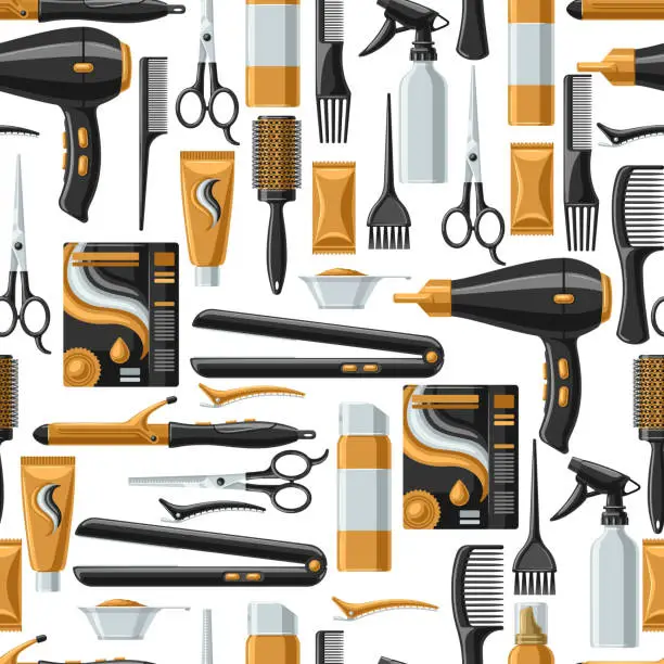 Vector illustration of Barbershop seamless pattern with professional hairdressing tools.